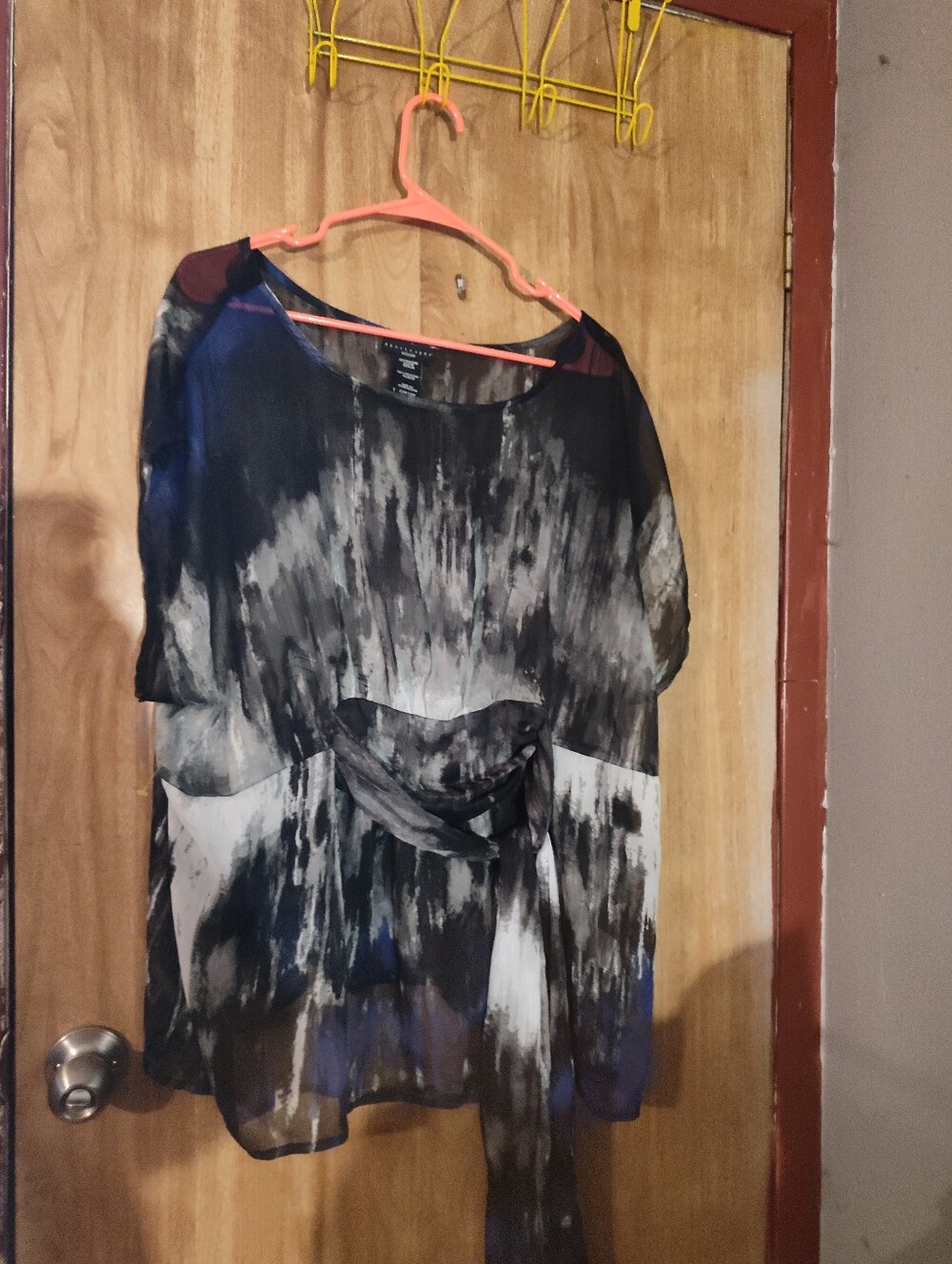 Apostrophe Black & White Sheer Tie-Front Tunic with Subtle Blue Accents